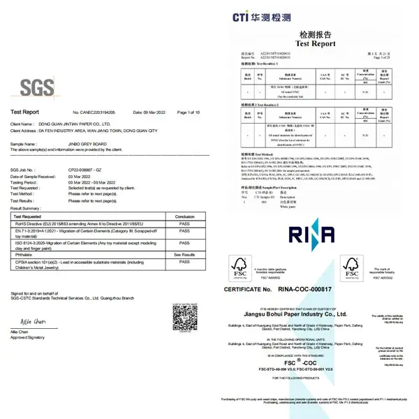 Chocolate packaging test reports and FSC certification documents for quality assurance