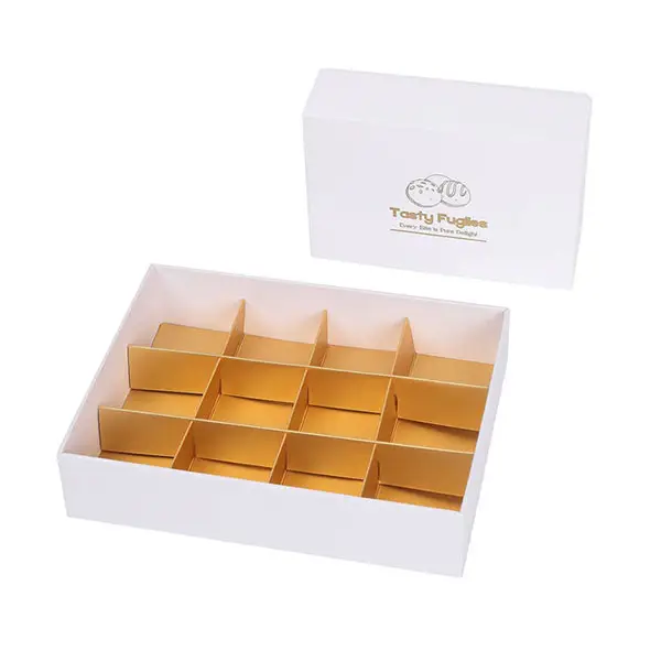 Custom chocolate lid and base paper box with gold 12-compartment insert