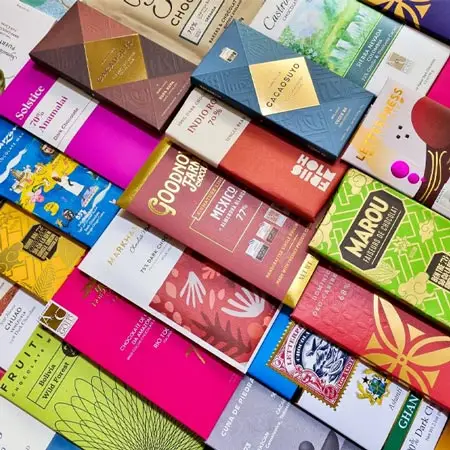 Custom chocolate bar paper boxes with colorful printed packaging designs