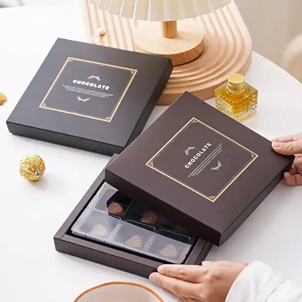 Custom chocolate lid and base paper box with tray insert for pralines