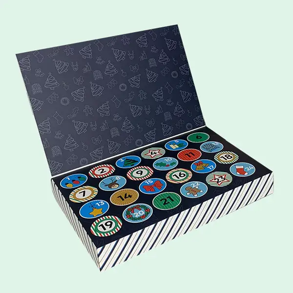 Custom chocolate advent calendar box with printed top sheet and numbered design