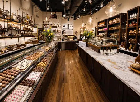 Artisan chocolate shop display with premium chocolates and branded packaging for custom chocolate brands and chocolatiers