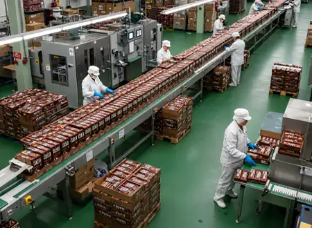 Chocolate factory packaging line with workers packing chocolate products for large-volume confectionery manufacturing and supply