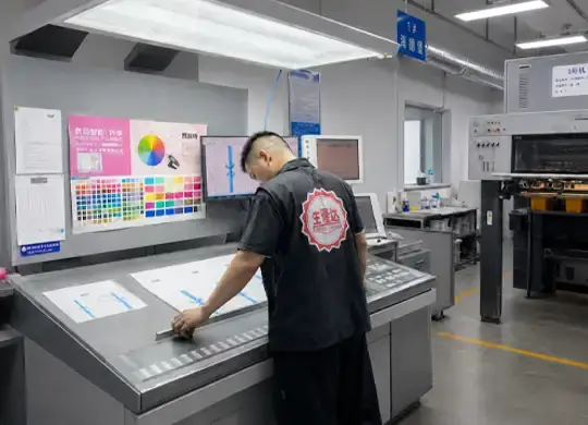 Factory worker checking print color accuracy for custom chocolate packaging boxes and printed paperboard packaging production