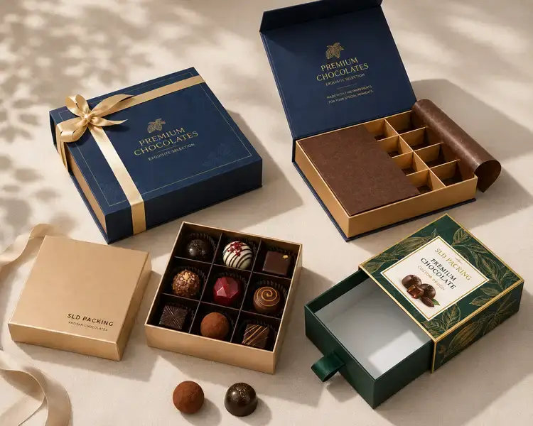 Custom chocolate gift boxes and retail packaging set with ribbon box, drawer box, insert tray, and premium paperboard chocolate box designs