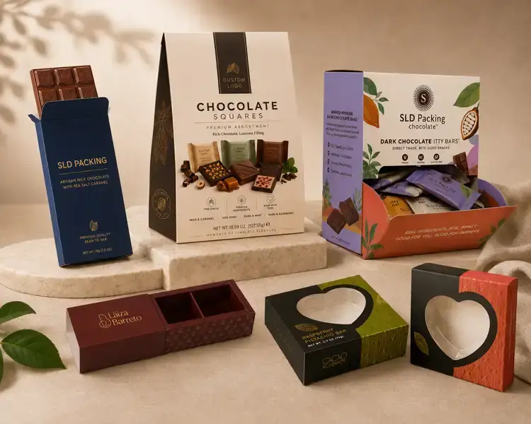 Custom chocolate paper box packaging collection with folding boxes, display boxes, window boxes, sleeves, and chocolate bar packaging