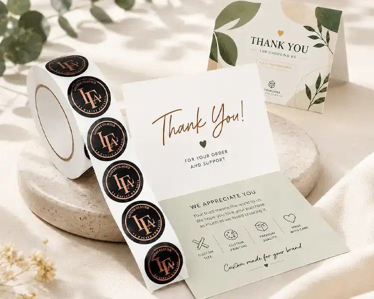 Custom chocolate thank you cards and logo stickers for branded packaging inserts, sealing labels, and customer unboxing experience