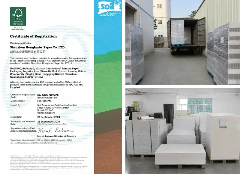 FSC certificate, paper material stocks, and loading area showing responsible sourcing support for custom chocolate packaging production