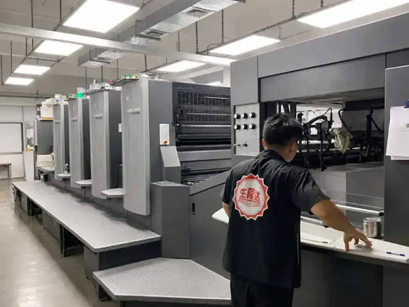 Factory worker operating an offset printing machine for custom chocolate packaging boxes and printed paper packaging production