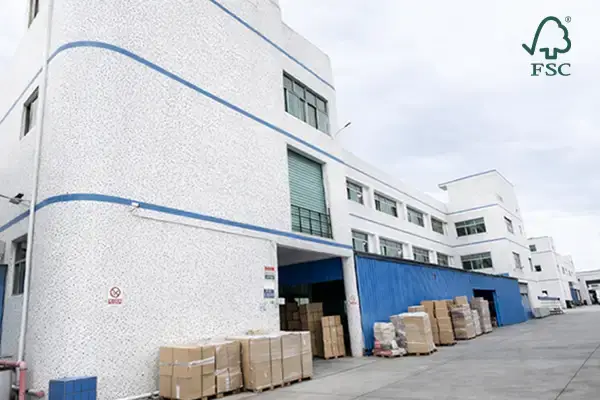 Exterior view of SLD Packing paper packaging factory with cartons prepared for custom chocolate packaging production