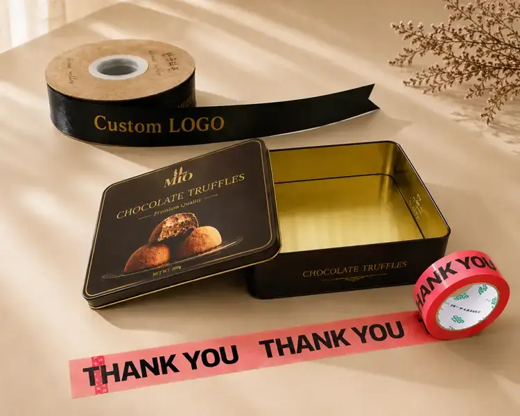 Custom chocolate tin, logo ribbon, and thank you packaging tape used as supporting items for complete chocolate gift packaging projects