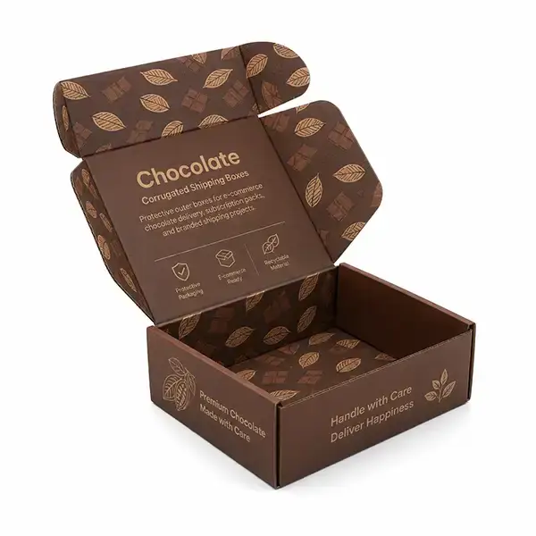 Custom brown corrugated chocolate mailer box with printed branding, self-locking flaps, and protective structure for e-commerce shipping