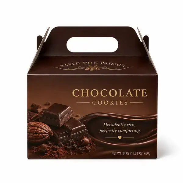 Custom printed corrugated chocolate carry box with built-in handle, tuck-top closure, and branded chocolate cookie design