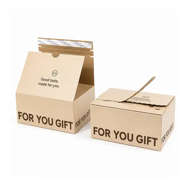 Custom beige corrugated chocolate mailer boxes shown open and closed with adhesive sealing strip, tear-open zipper, and printed gift branding
