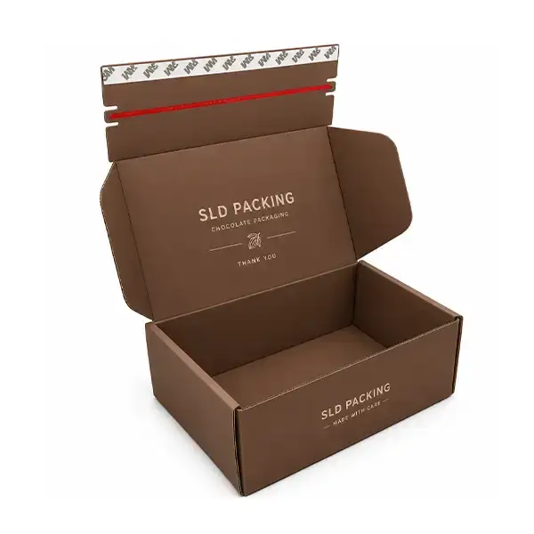 Custom brown corrugated chocolate mailer box with adhesive sealing strip, tear-open zipper, and printed branding for secure shipping