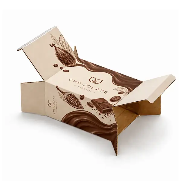 Custom printed corrugated chocolate box shown unfolded with die-cut flaps and cocoa graphics for easy assembly and shipping