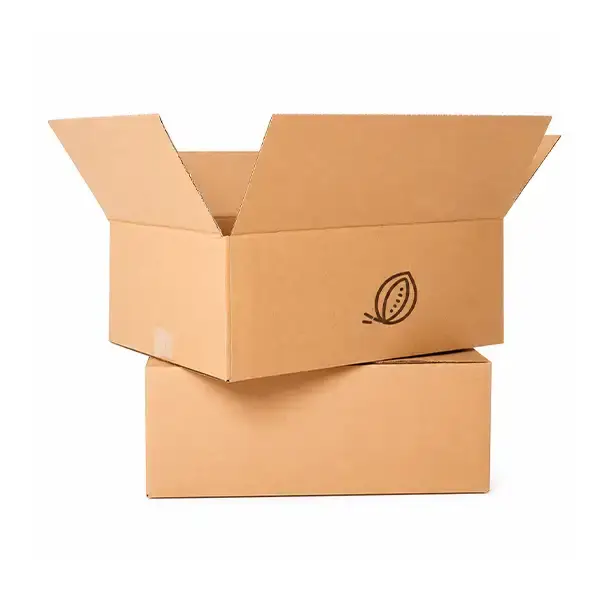 Custom kraft corrugated chocolate shipping box shown open and closed with regular slotted carton structure and printed cocoa logo