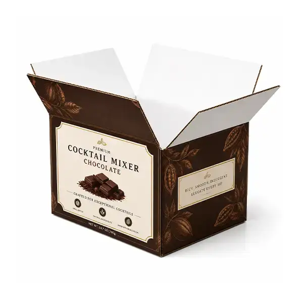Custom printed corrugated chocolate shipping box with regular slotted carton structure, cocoa graphics, and branded product panels