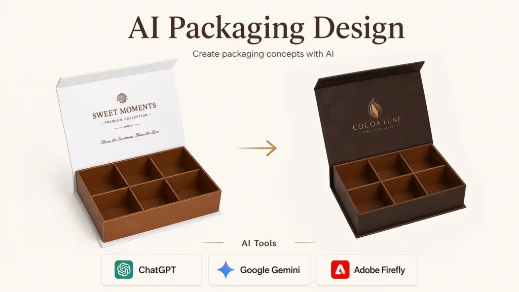 Before-and-after chocolate gift box concept showing how AI tools such as ChatGPT, Google Gemini and Adobe Firefly can help develop an AI chocolate packaging design while keeping the original box structure.