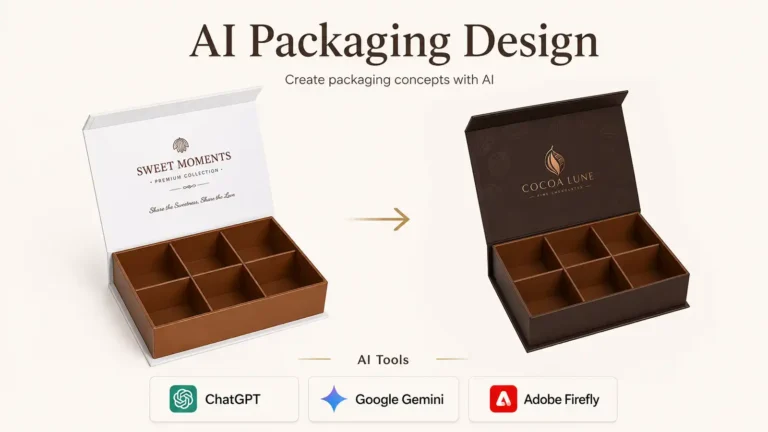 Before-and-after chocolate gift box concept showing how AI tools such as ChatGPT, Google Gemini and Adobe Firefly can help develop an AI chocolate packaging design while keeping the original box structure.
