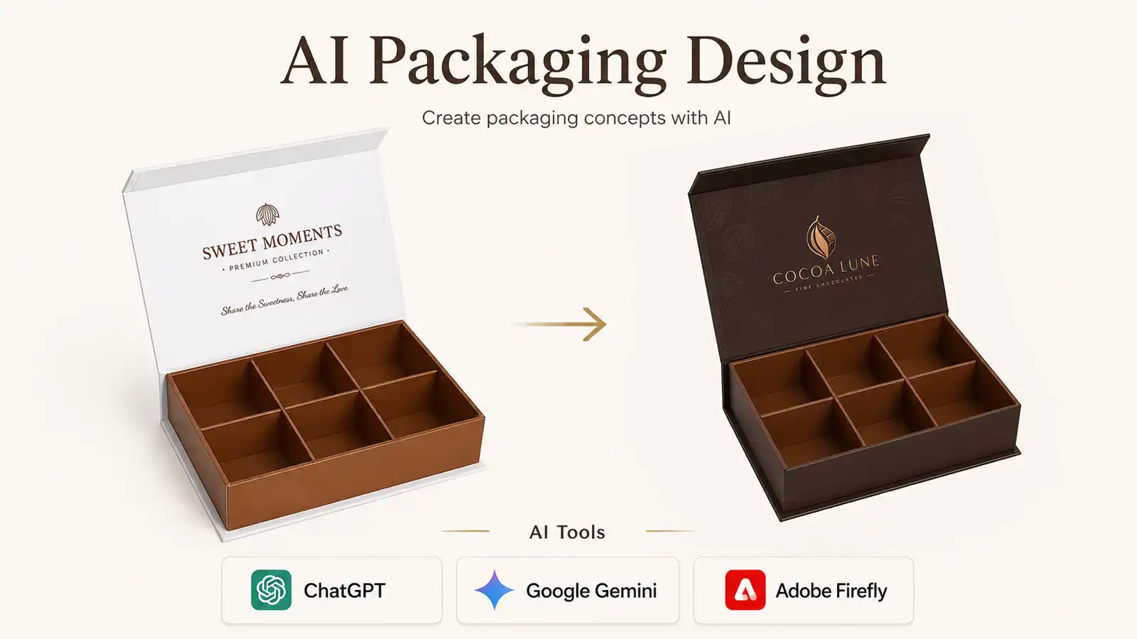 Before-and-after chocolate gift box concept showing how AI tools such as ChatGPT, Google Gemini and Adobe Firefly can help develop an AI chocolate packaging design while keeping the original box structure.