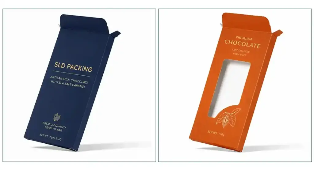 Custom chocolate bar paper boxes with tuck-end folding structure and window packaging for retail chocolate bars