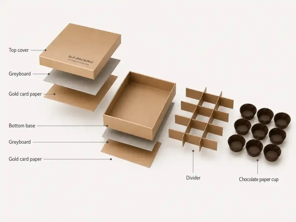 Exploded view of a chocolate gift box showing greyboard, gold card paper, paper divider and chocolate paper cups for reviewing material composition and recyclability under EU PPWR packaging requirements.