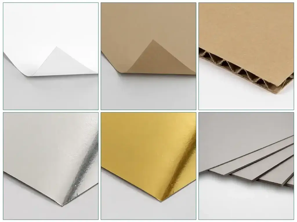 Comparison of white paperboard, kraft board, corrugated board, metallic-finish board and gray board options that can affect custom chocolate box cost.
