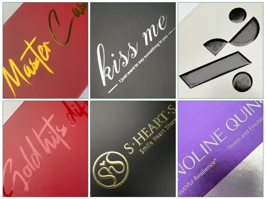 Chocolate box printing finishes showing gold and silver foil stamping, spot UV, embossing and debossing effects on printed paper packaging