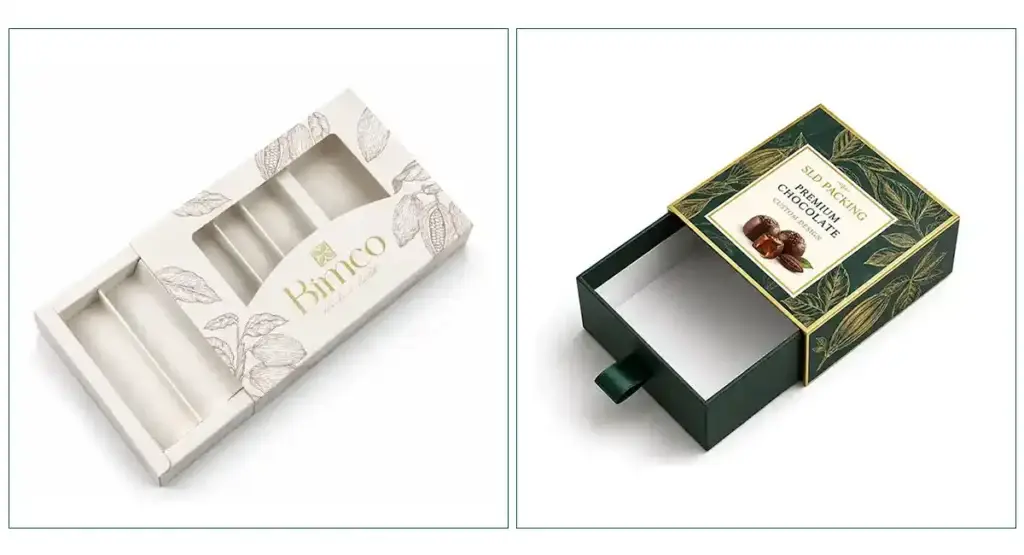 Comparison of a window folding chocolate box and a drawer-style rigid gift box, showing how box structure can affect custom chocolate box cost.
