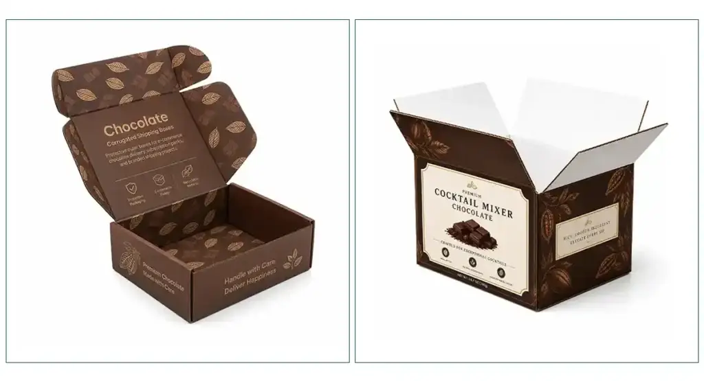 Custom corrugated chocolate mailer and shipping boxes for e-commerce delivery, protective packaging and branded chocolate shipments