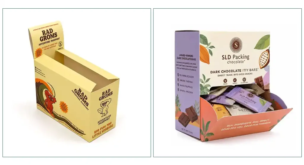 Custom chocolate display boxes for retail counters and shelf display with branded paperboard packaging for individually wrapped chocolates