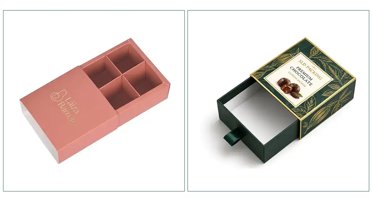 Custom chocolate drawer boxes with slide-out tray design, compartment inserts and premium gift packaging structure