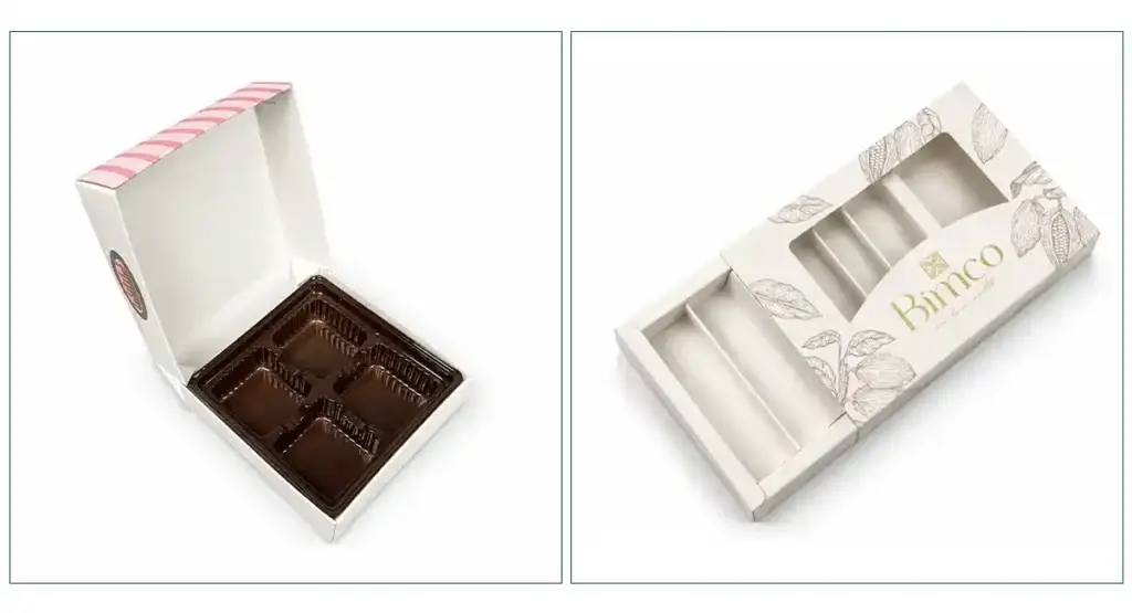 Chocolate folding paper boxes with insert tray and window design for chocolate assortments and bar packaging