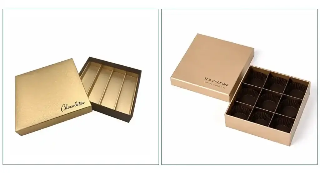 Chocolate lid-and-base paper boxes with removable lids and compartment inserts for assorted chocolate gift packaging