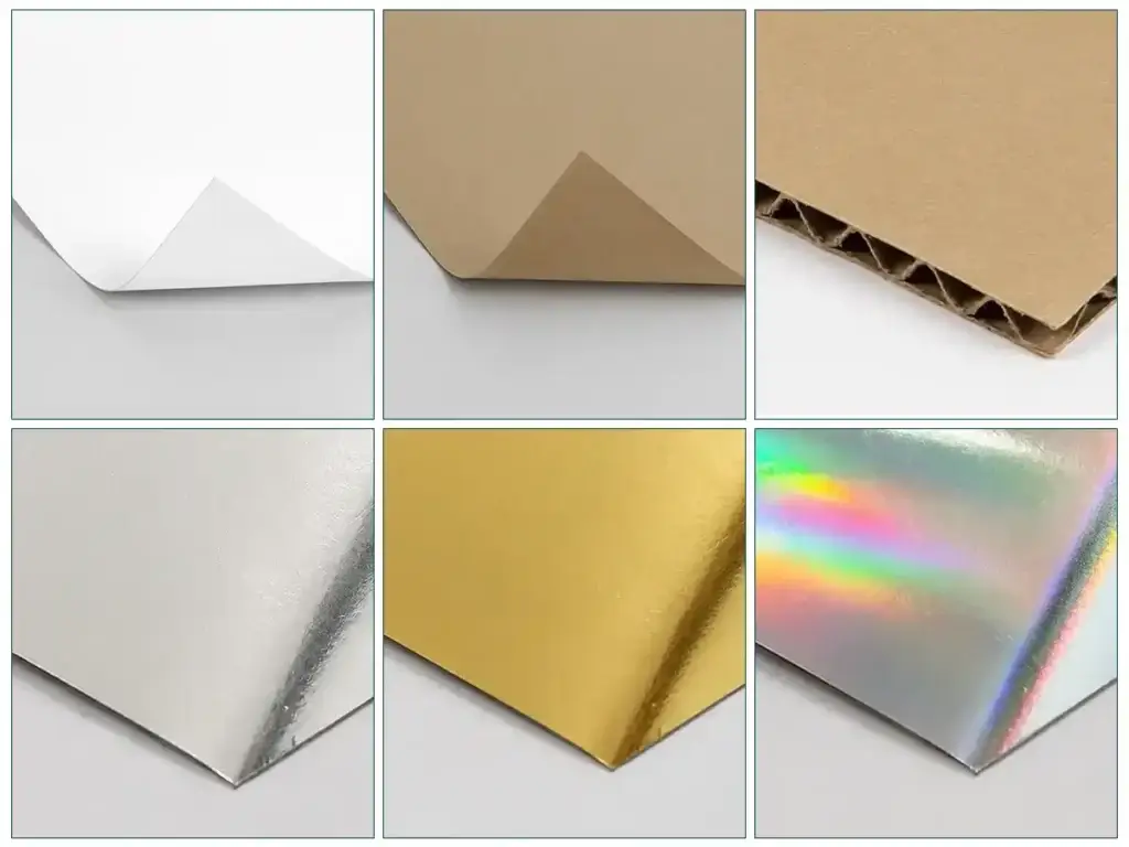 Chocolate packaging material comparison showing white paperboard, kraft paperboard, corrugated board, silver and gold metallic board, and holographic paperboard