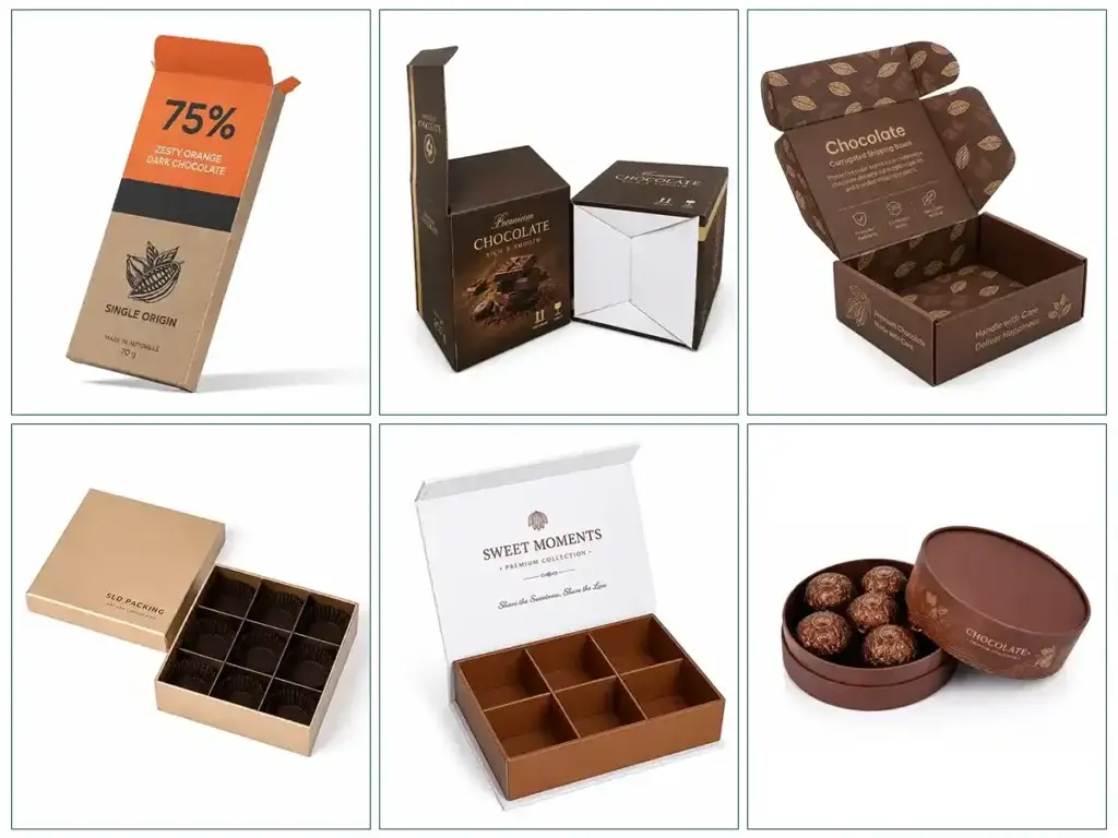 Chocolate paper box styles including folding cartons, tuck boxes, corrugated mailers, rigid gift boxes with inserts, hinged boxes and paper tube packaging