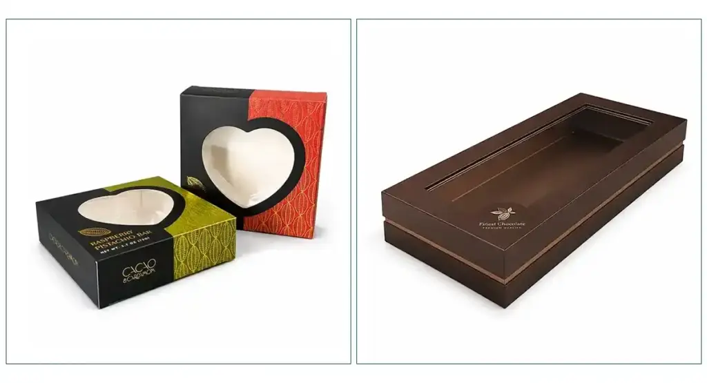 Chocolate paper window boxes with clear display openings for bars, truffles and gift chocolate packaging