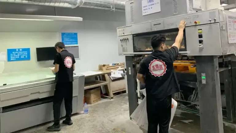 Packaging production team operating printing equipment for custom chocolate boxes, where setup requirements, box specifications and order quantity affect custom chocolate box cost and MOQ.