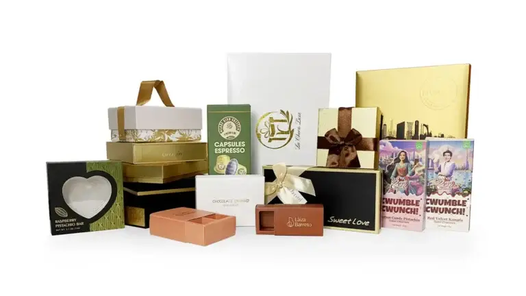 Custom chocolate paper box packaging collection with folding boxes, gift boxes, drawer boxes, window boxes and ribbon packaging