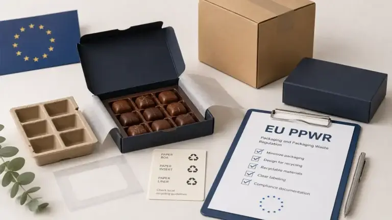 Chocolate packaging with paper box, molded insert, liner and shipping carton beside an EU PPWR compliance checklist covering recyclability, packaging minimization, labeling and documentation.