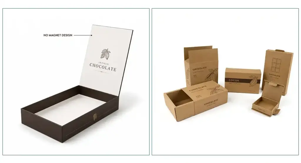 Comparison of a magnet-free chocolate gift box and paper-based folding box designs, illustrating material simplification and recyclability considerations for EU PPWR chocolate packaging.