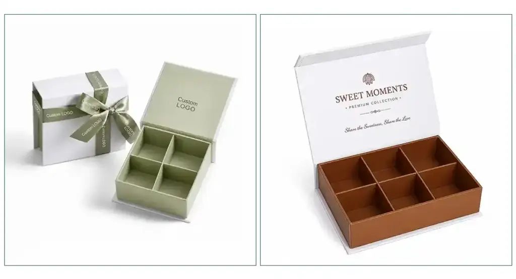 Magnetic closure chocolate gift boxes with hinged lids, compartment dividers and ribbon decoration for premium chocolate packaging