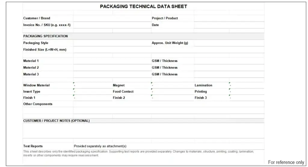 Packaging technical data sheet recording box specifications, materials, inserts, food-contact details, printing, finishes and test reports to support EU PPWR chocolate packaging documentation.