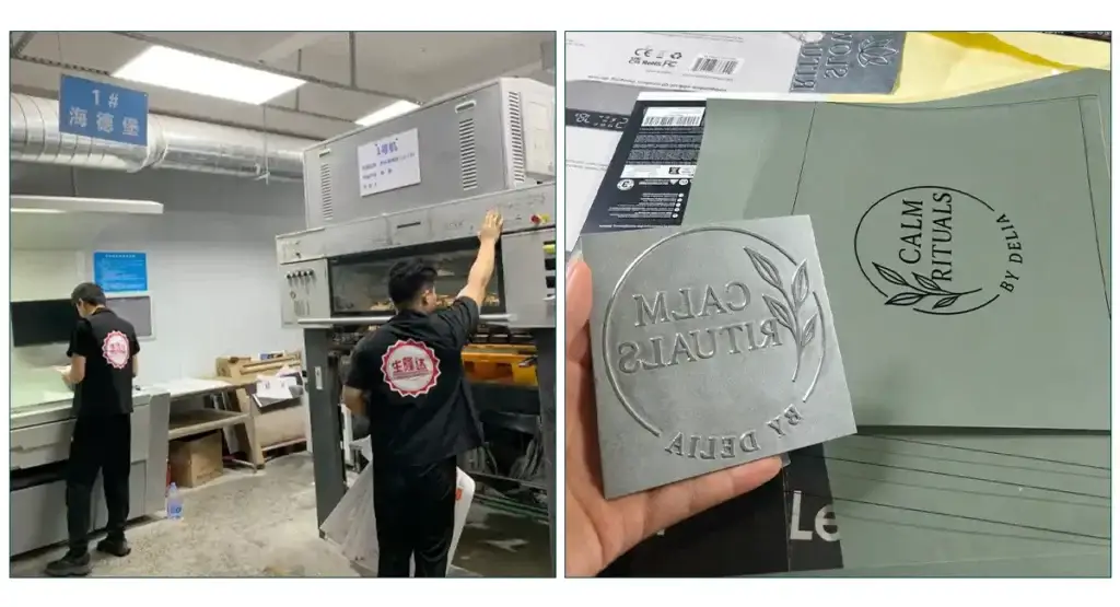 Packaging production showing a printing machine and custom embossing plate, illustrating how printing setup and special finishing can affect custom chocolate box pricing.