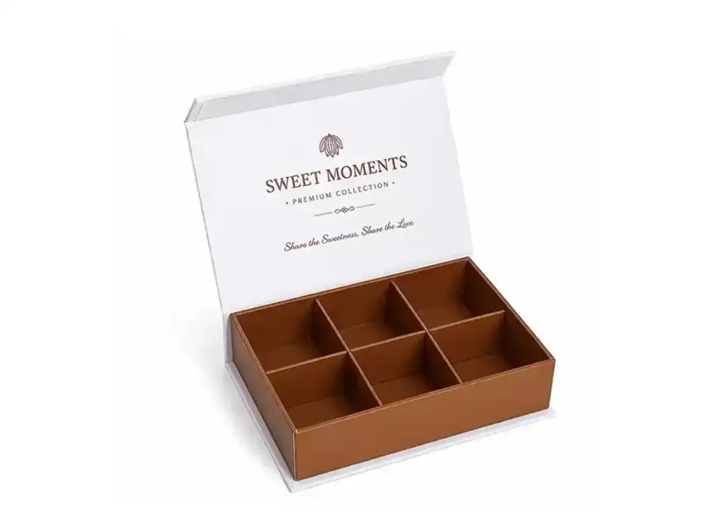 Open chocolate gift box with a hinged lid and six divider compartments, used as a practical box structure reference for AI chocolate packaging design.