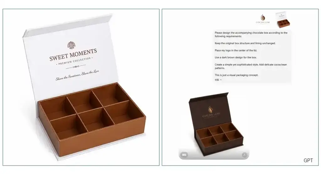 Original six-compartment chocolate gift box compared with an AI-generated concept using the same box structure, logo placement, dark brown color and cocoa-inspired visual style.